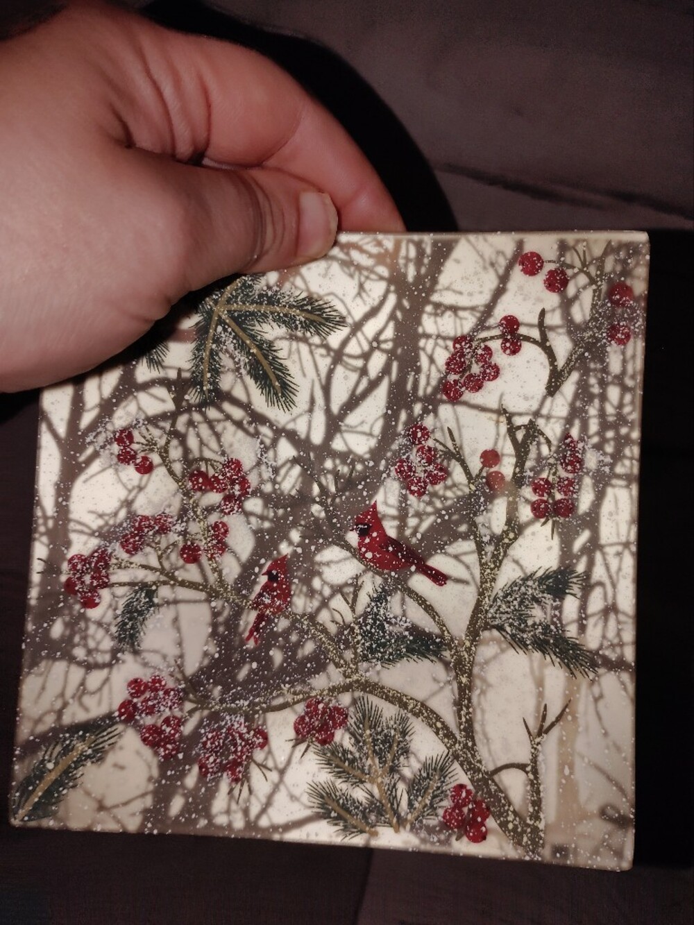 Winter Cardinal Decorative Candle Dish Tile Snow Scene 🆕